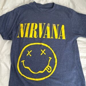 Small Nirvana short sleeve t-shirt blue with bright yellow logo.